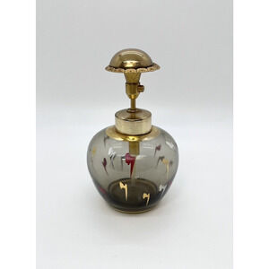 Vtg Amber Perfume Bottle MCM Hand Painted Red White Art Glass DECOR Only 4x2"